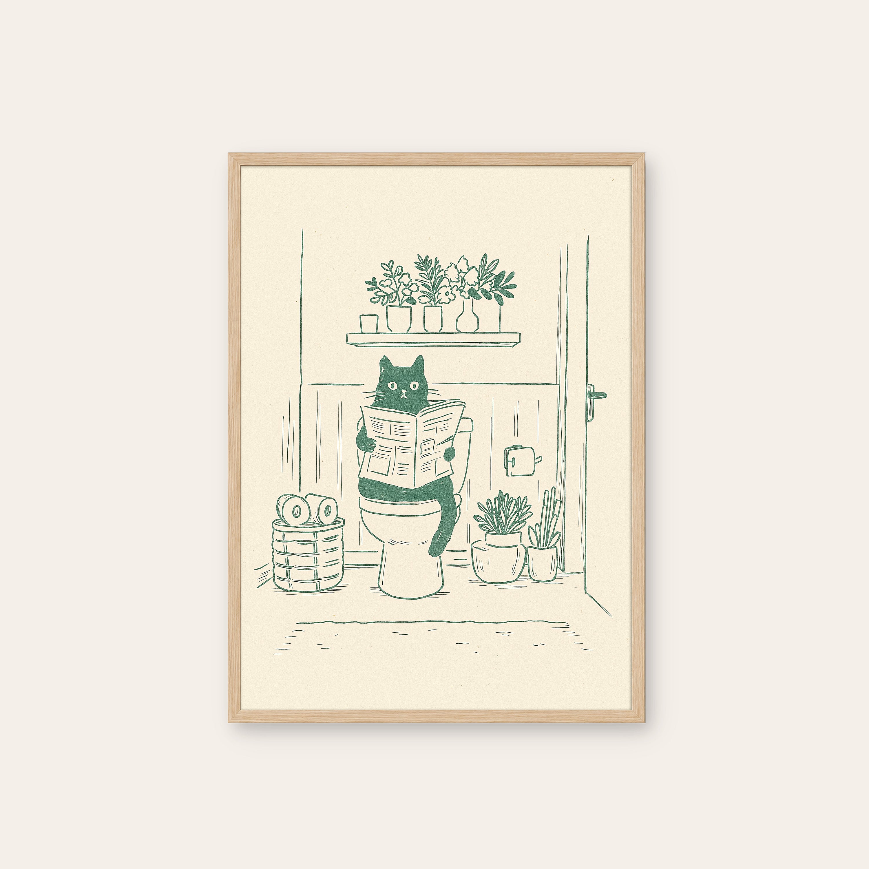 Morning Reading — Toilet Cat Print – natural wood frame