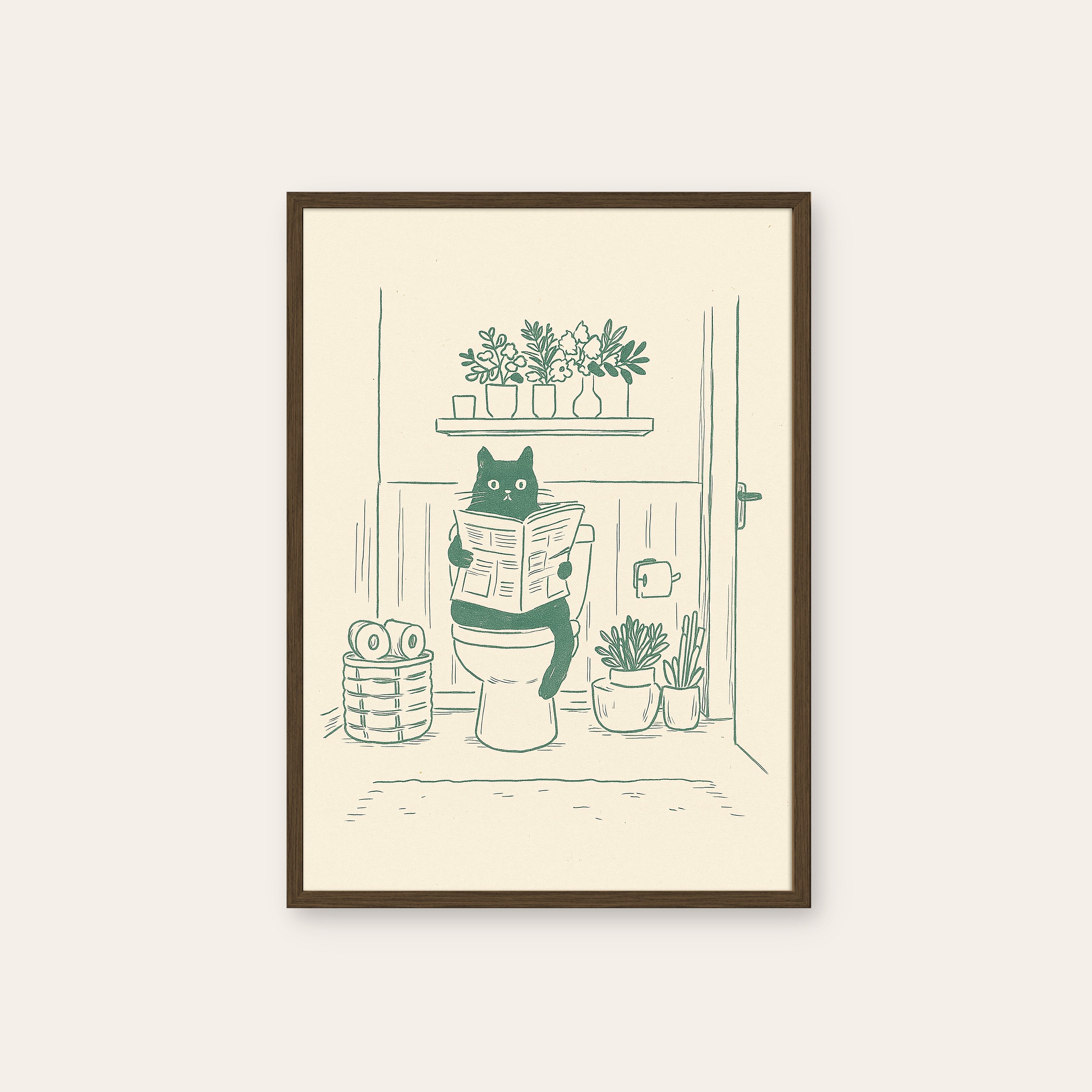 Morning Reading — Toilet Cat Print – dark wood frame