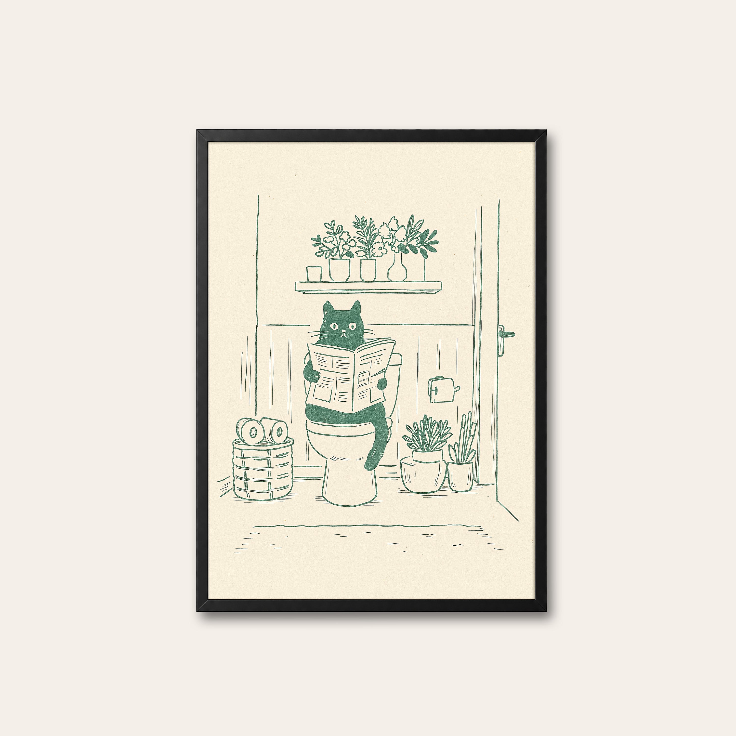 Morning Reading — Toilet Cat Print – black frame