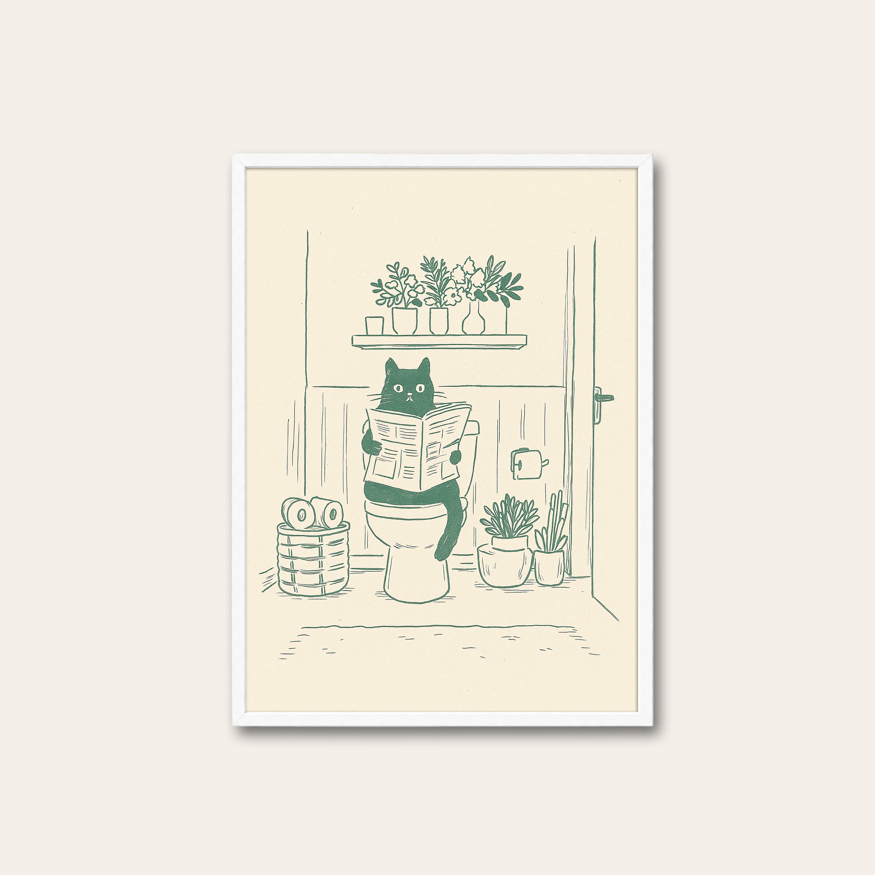 Morning Reading — Toilet Cat Print – white frame