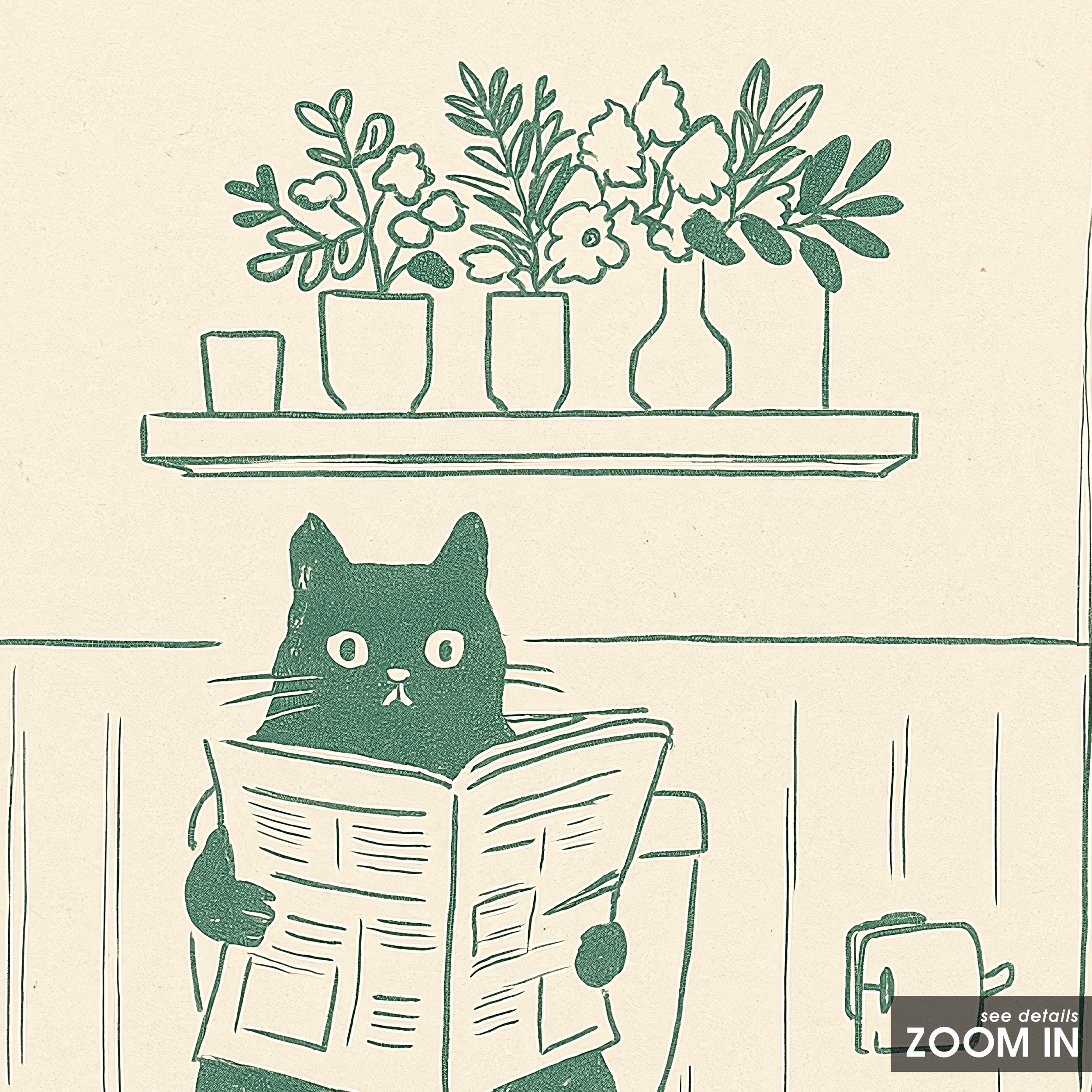 Morning Reading — Toilet Cat Print – in room setting