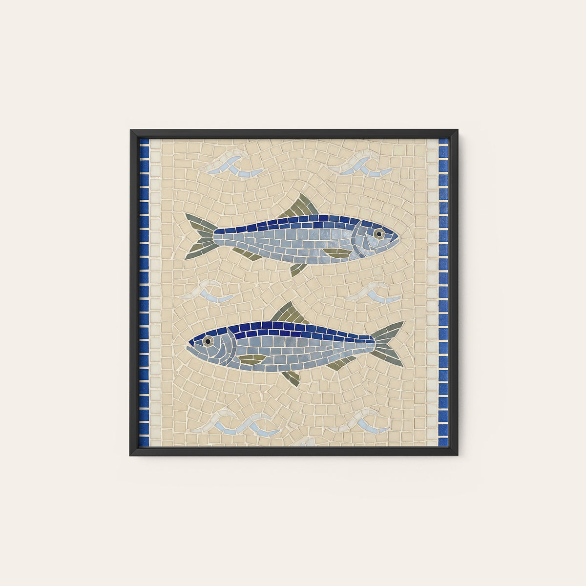 Blue Fish Mosaic square art print — black frame
