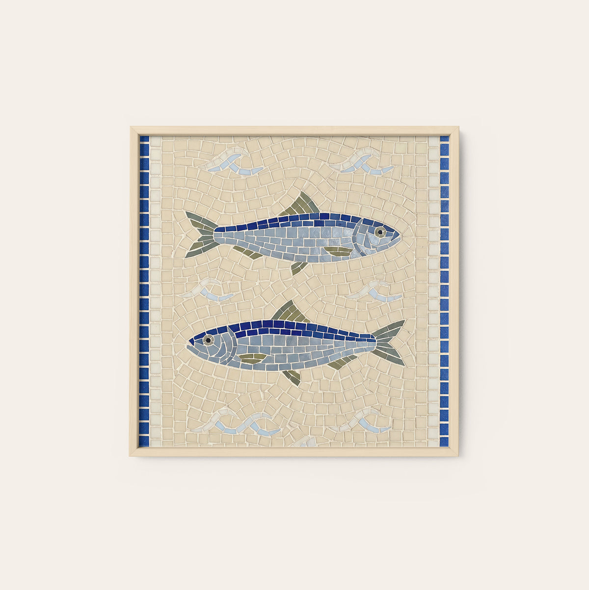 Blue Fish Mosaic square art print — natural wood frame