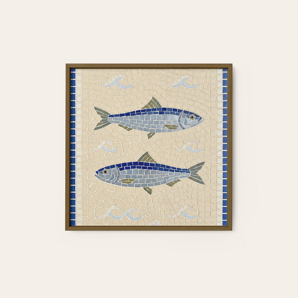 Blue Fish Mosaic square art print — dark wood frame