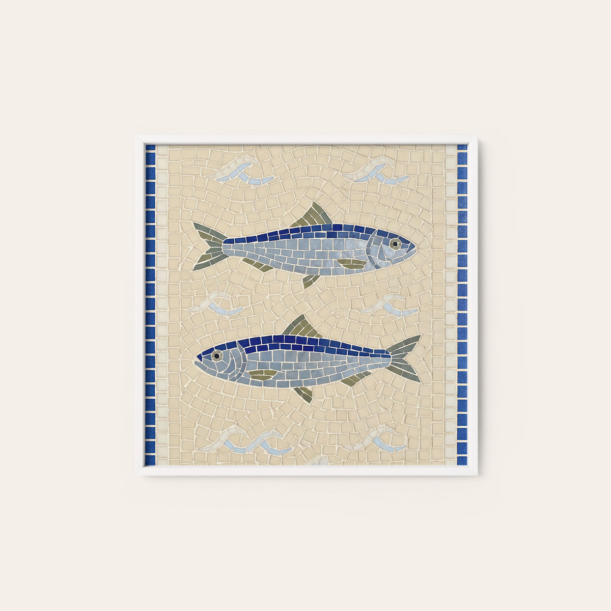 Blue Fish Mosaic square art print — white frame