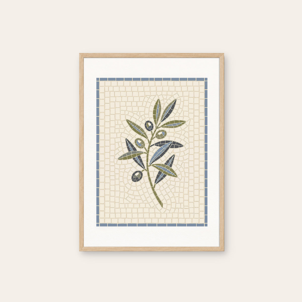 Olive Branch - Mosaic Style Print - natural wood frame