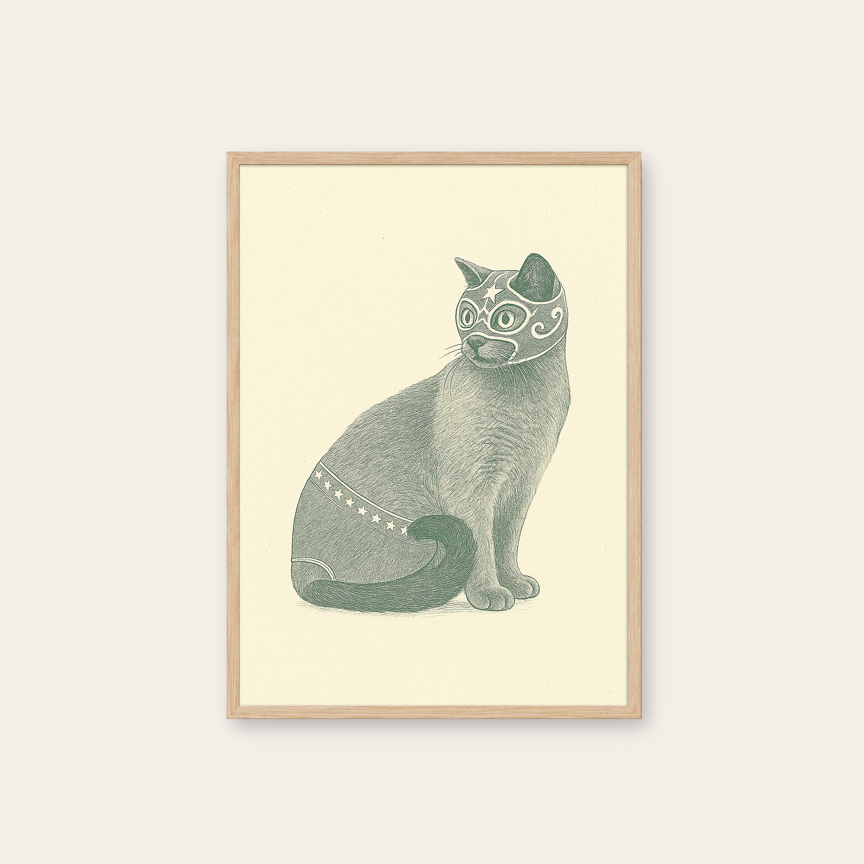 The Scholar Cat — Etching Print – natural wood frame