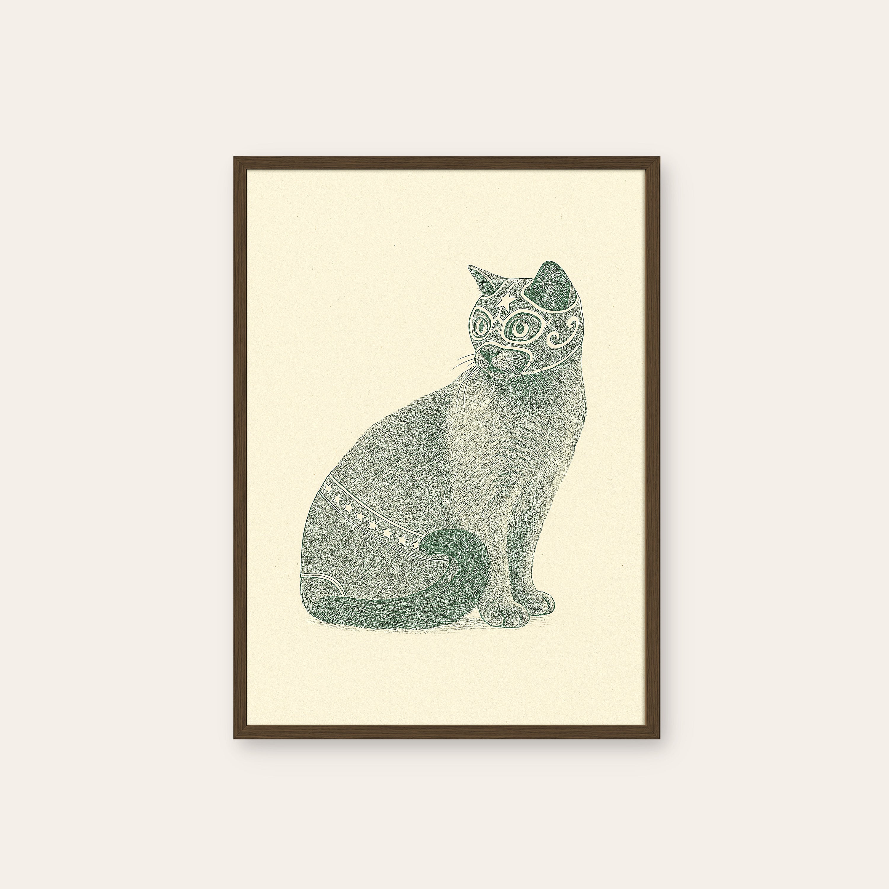 The Scholar Cat — Etching Print – dark wood frame