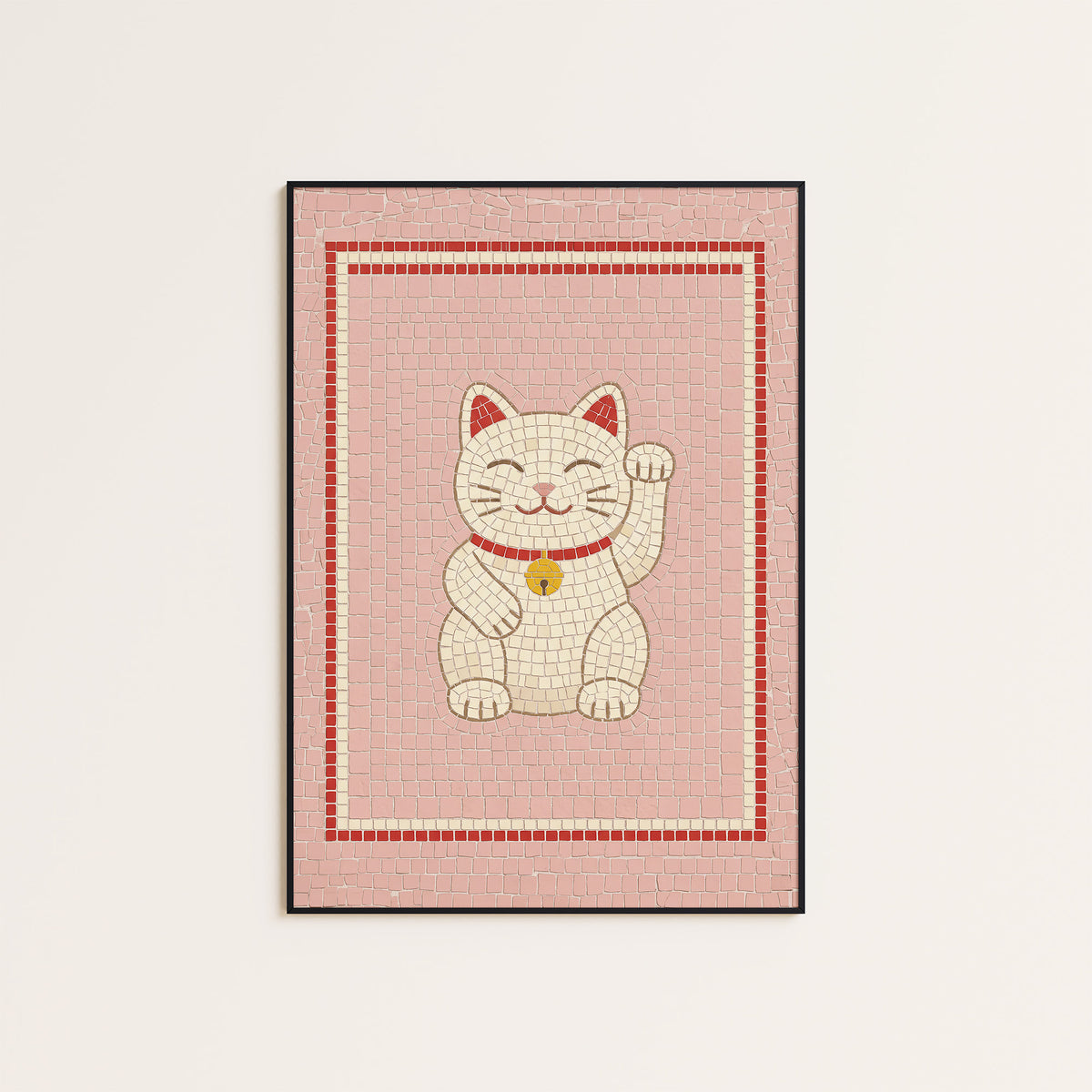 Good Fortune - Lucky Cat Mosaic Print - framed artwork overview