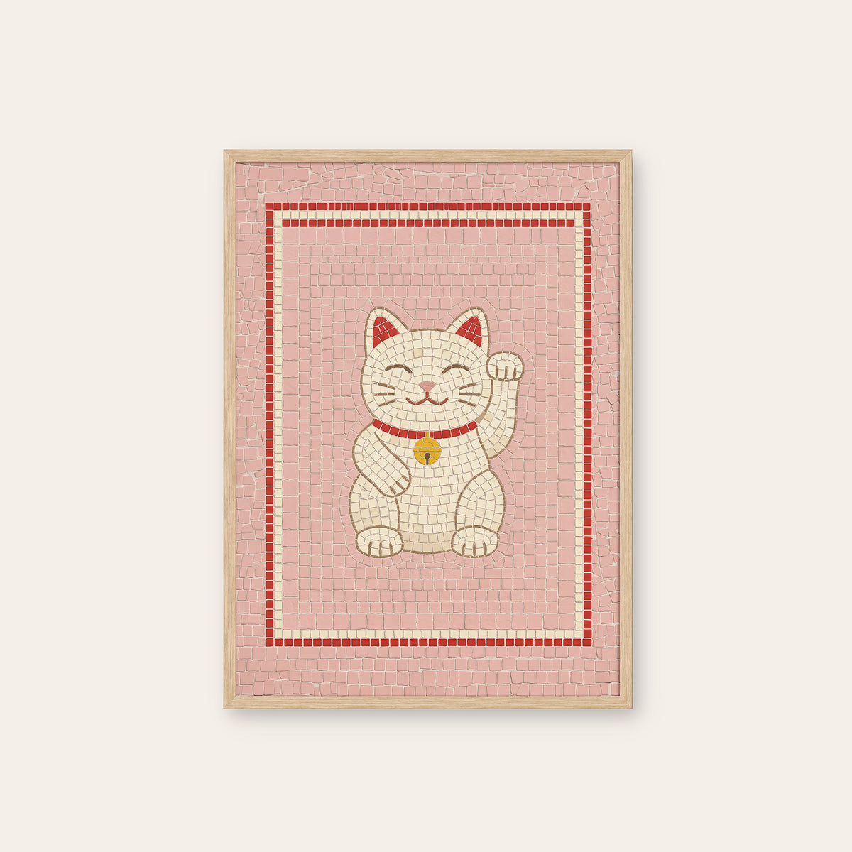 Good Fortune - Lucky Cat Mosaic Print - natural wood frame