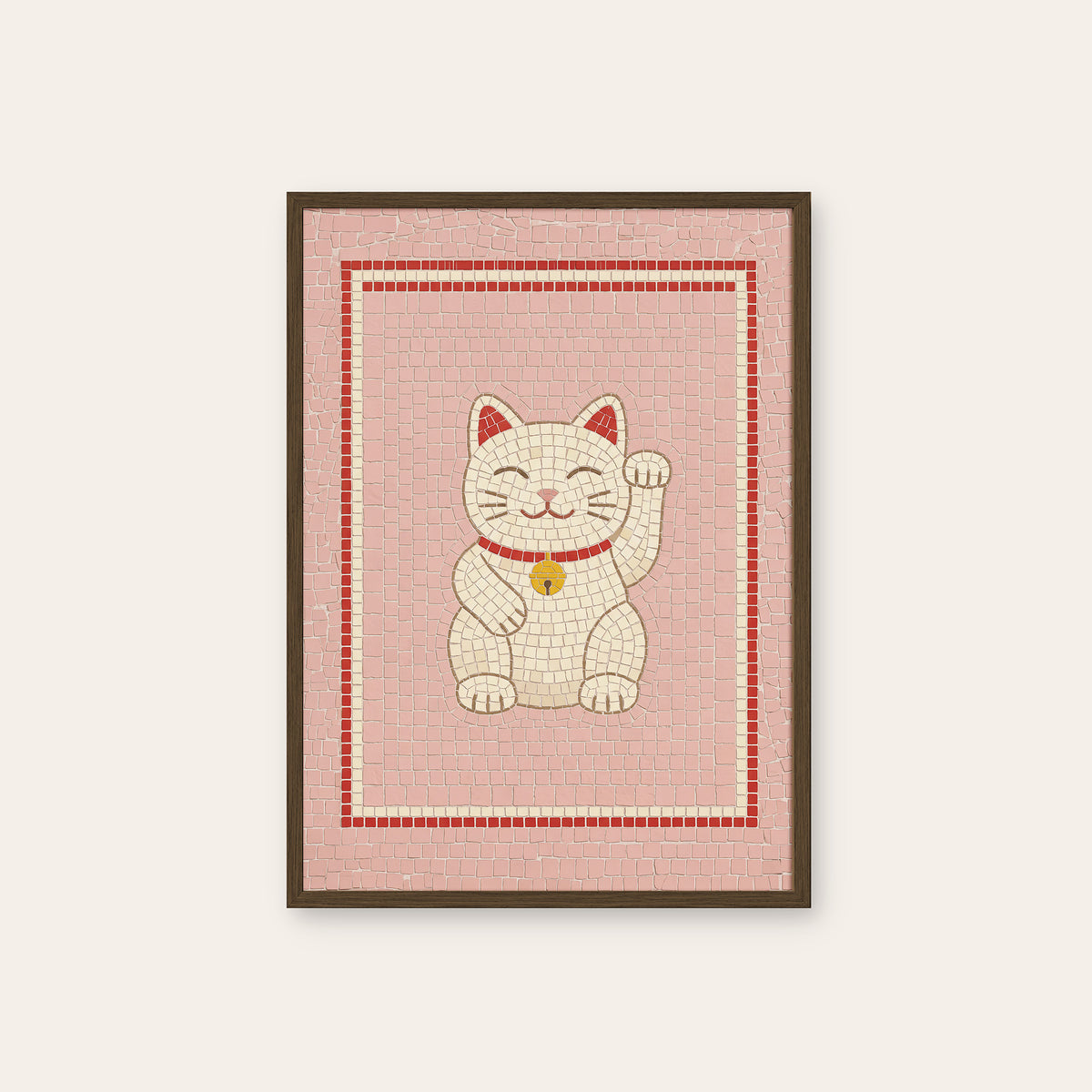 Good Fortune - Lucky Cat Mosaic Print - dark wood frame