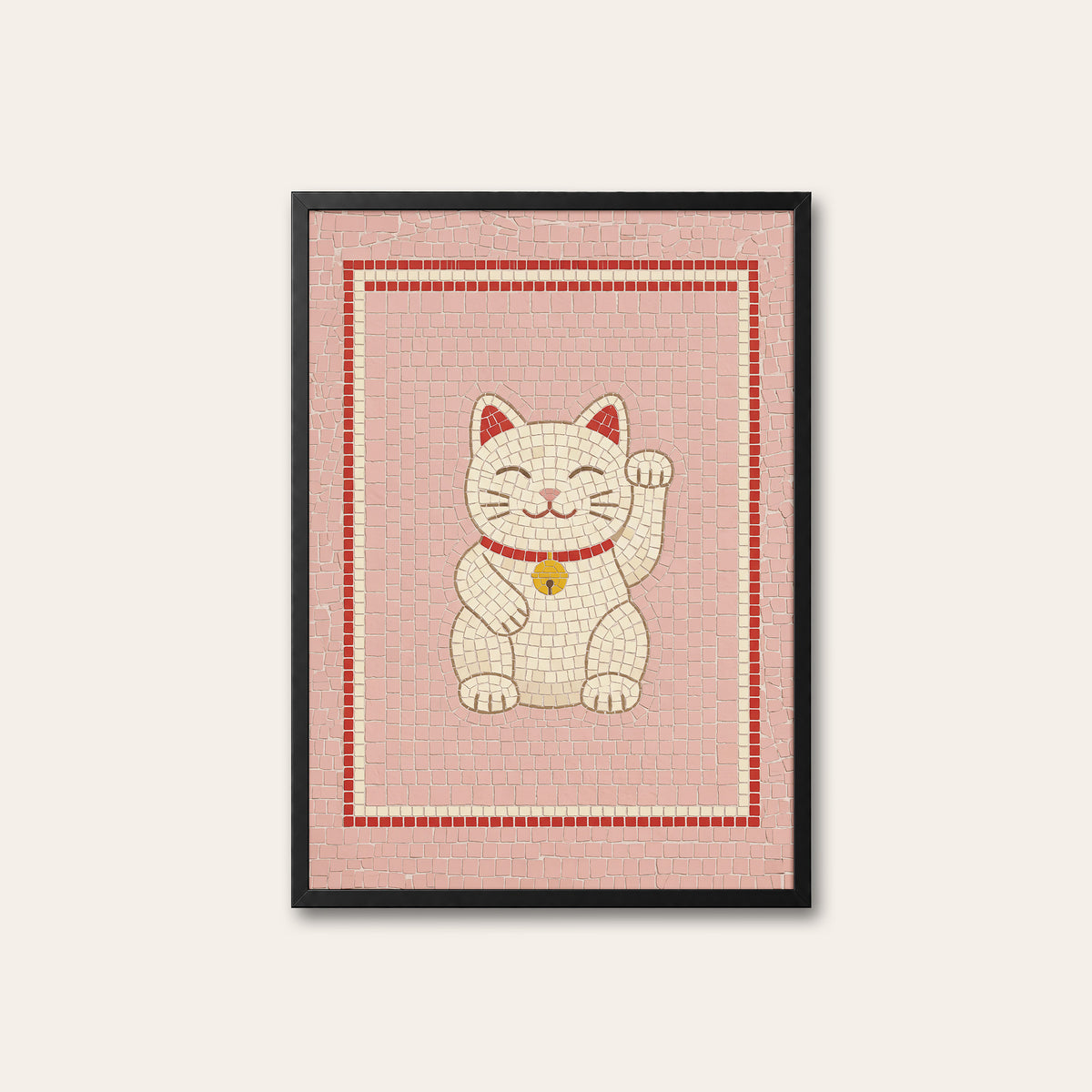 Good Fortune - Lucky Cat Mosaic Print - black frame