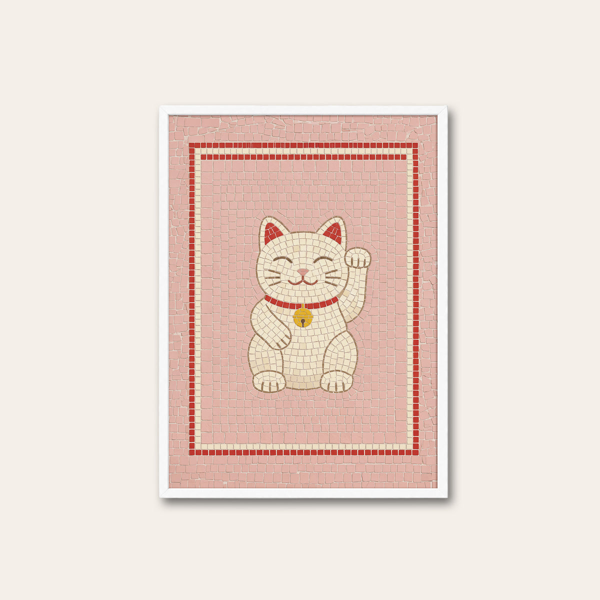 Good Fortune - Lucky Cat Mosaic Print - white frame