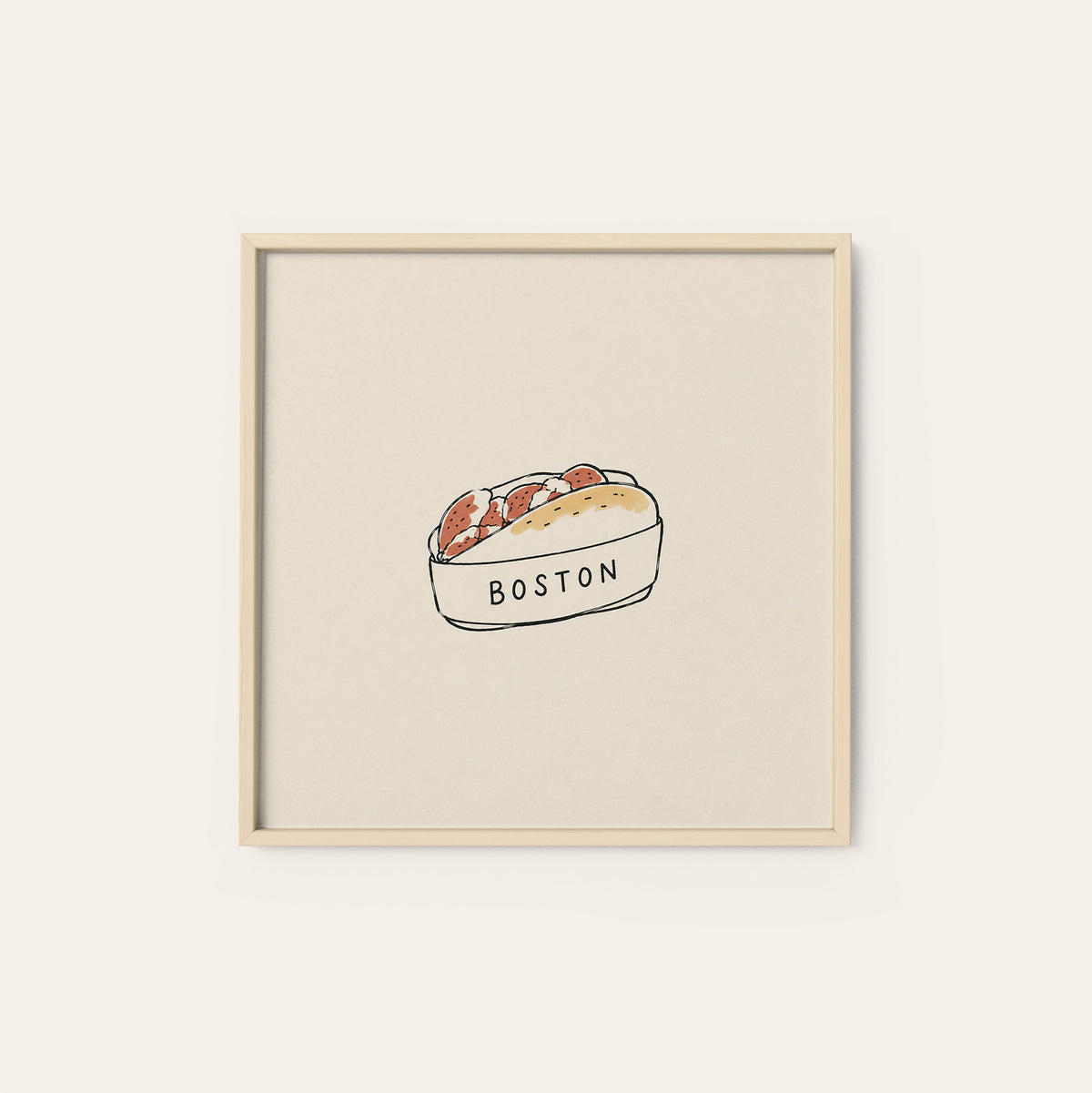 Boston Lobster Roll square art print — natural wood frame