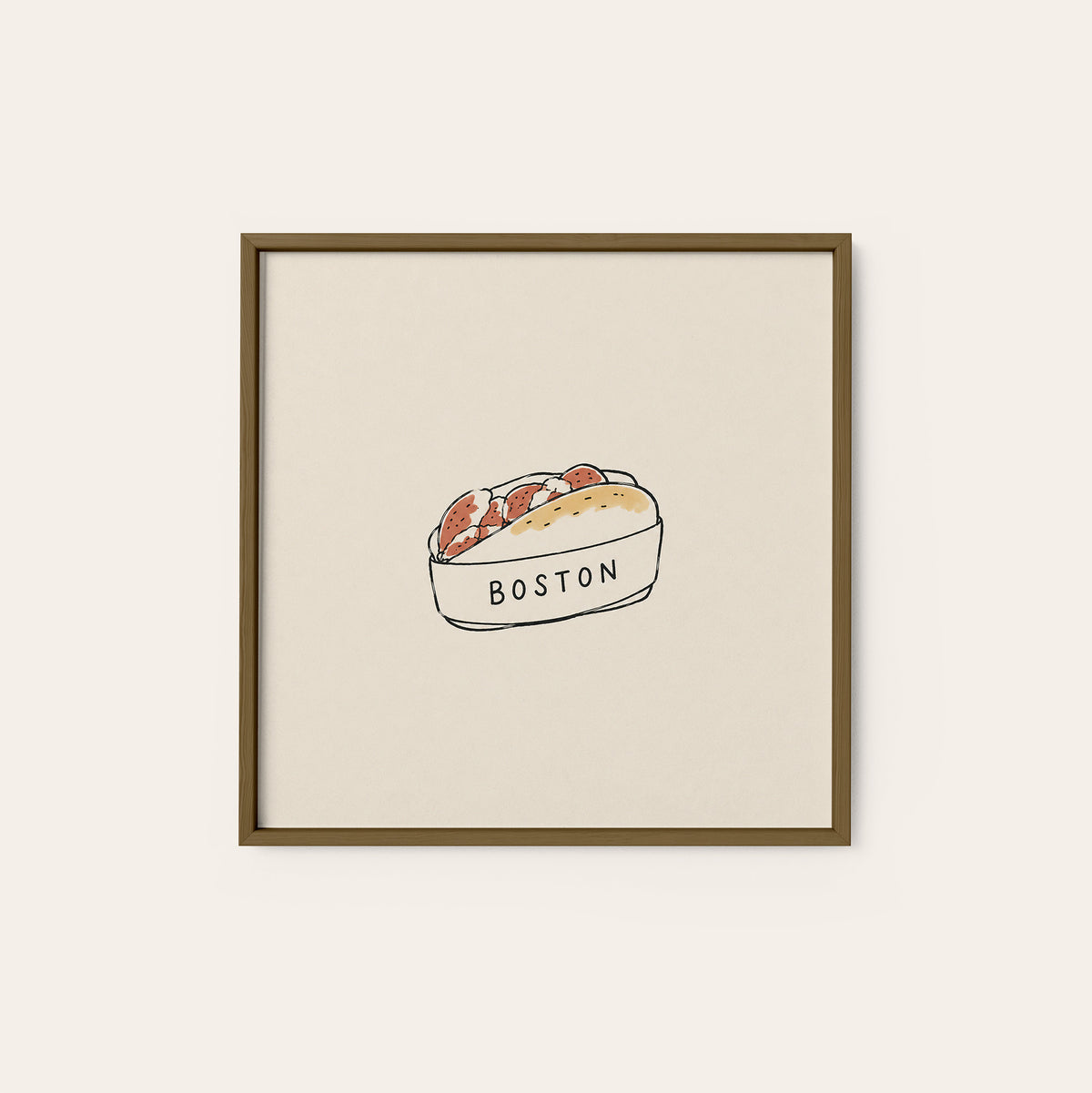 Boston Lobster Roll square art print — dark wood frame
