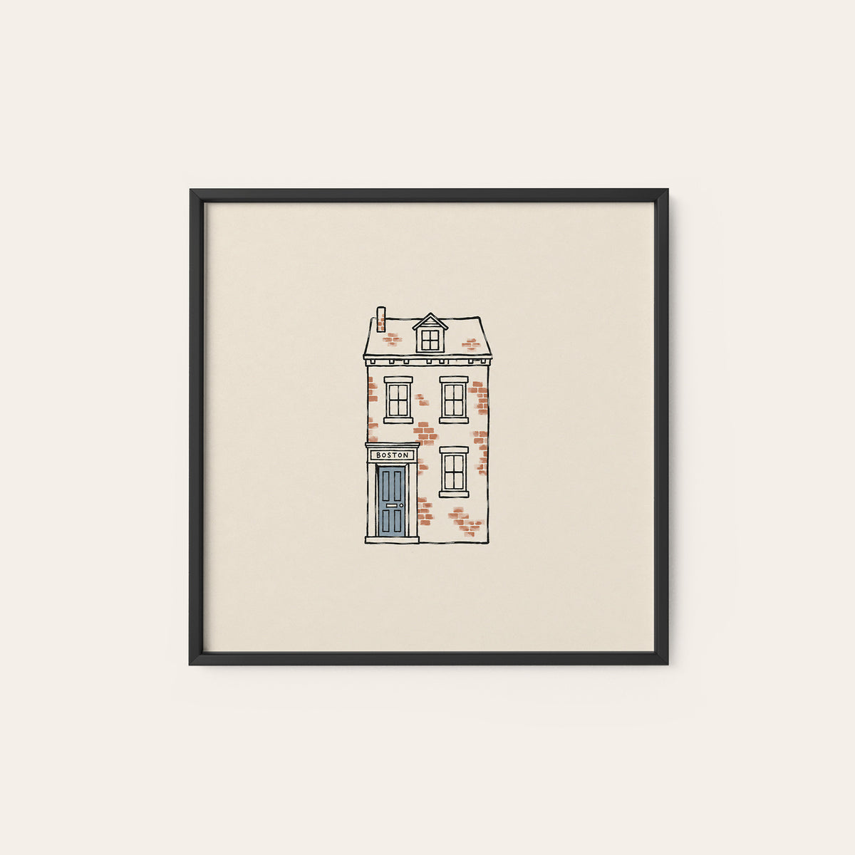Boston Brick Townhouse square art print — black frame