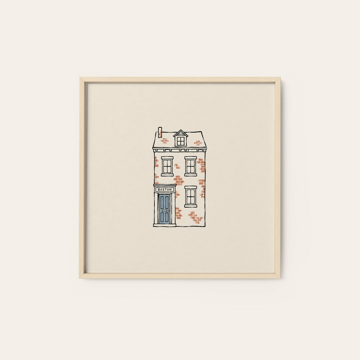 Boston Brick Townhouse square art print — natural wood frame