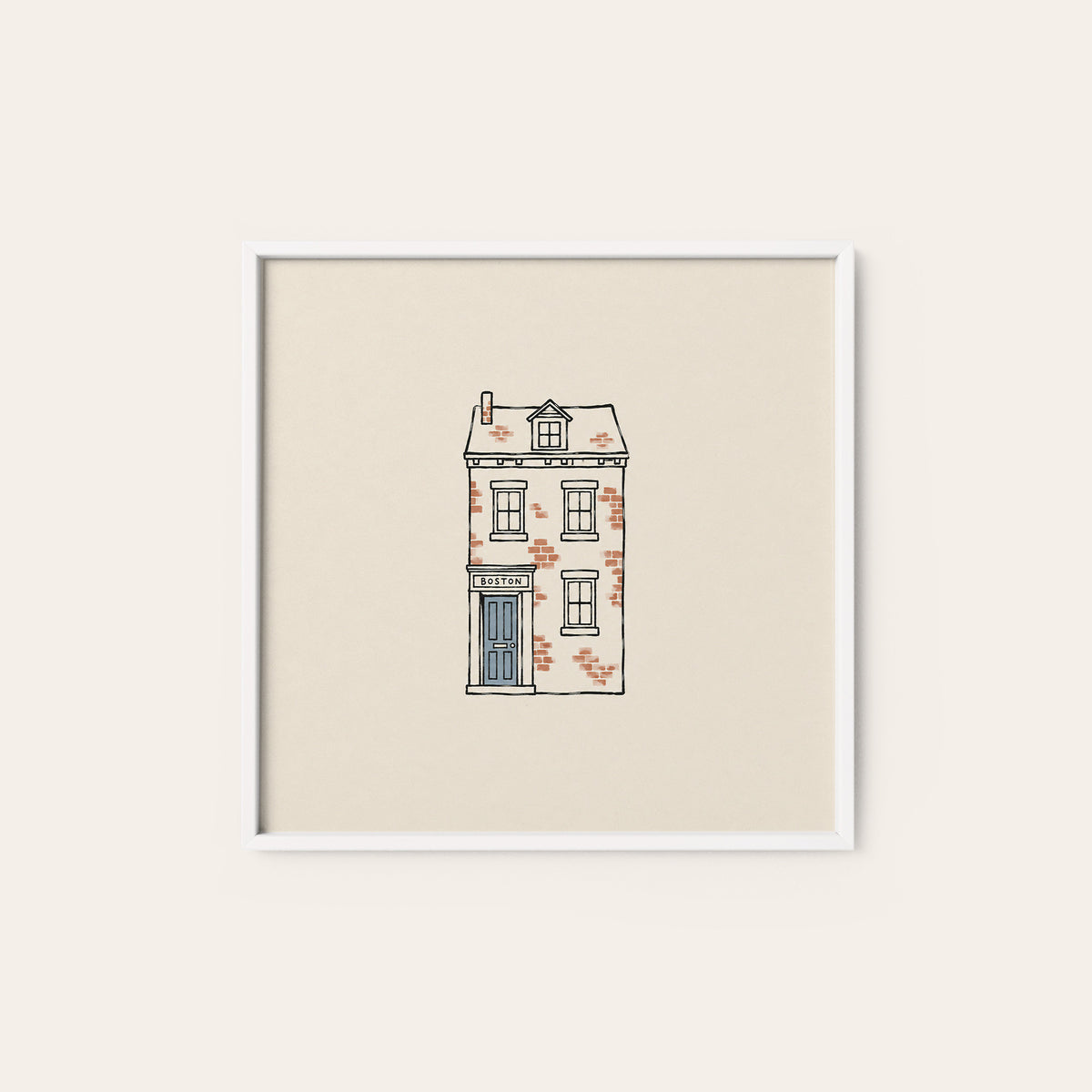 Boston Brick Townhouse square art print — white frame