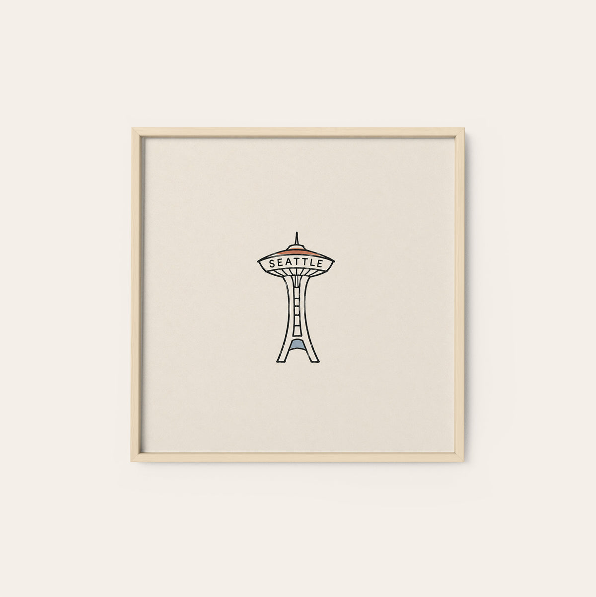 Seattle Space Needle square art print — natural wood frame