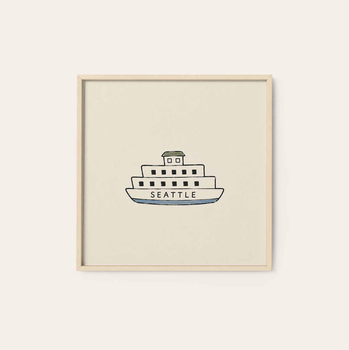 Seattle Ferry square art print — natural wood frame