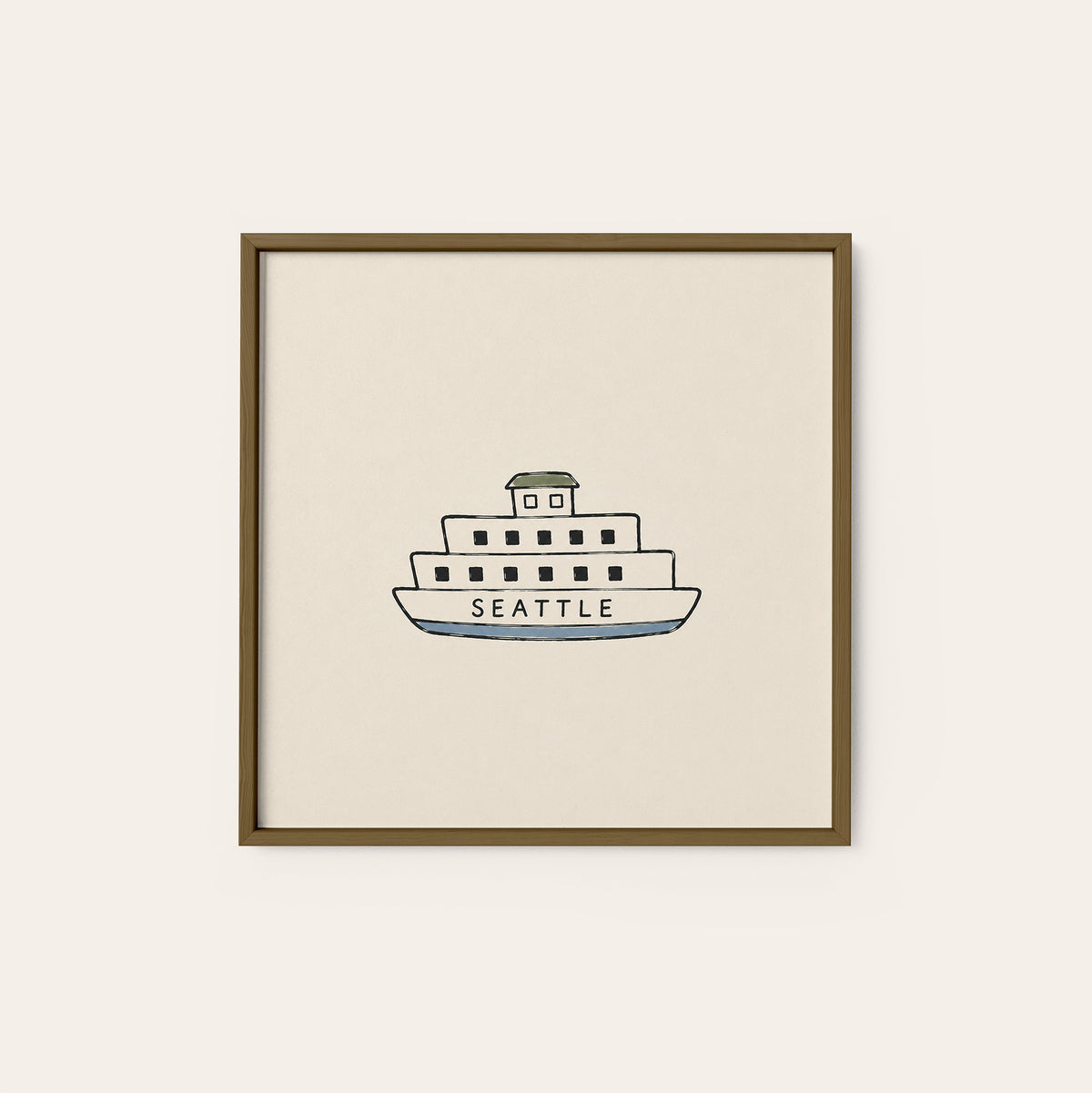 Seattle Ferry square art print — dark wood frame