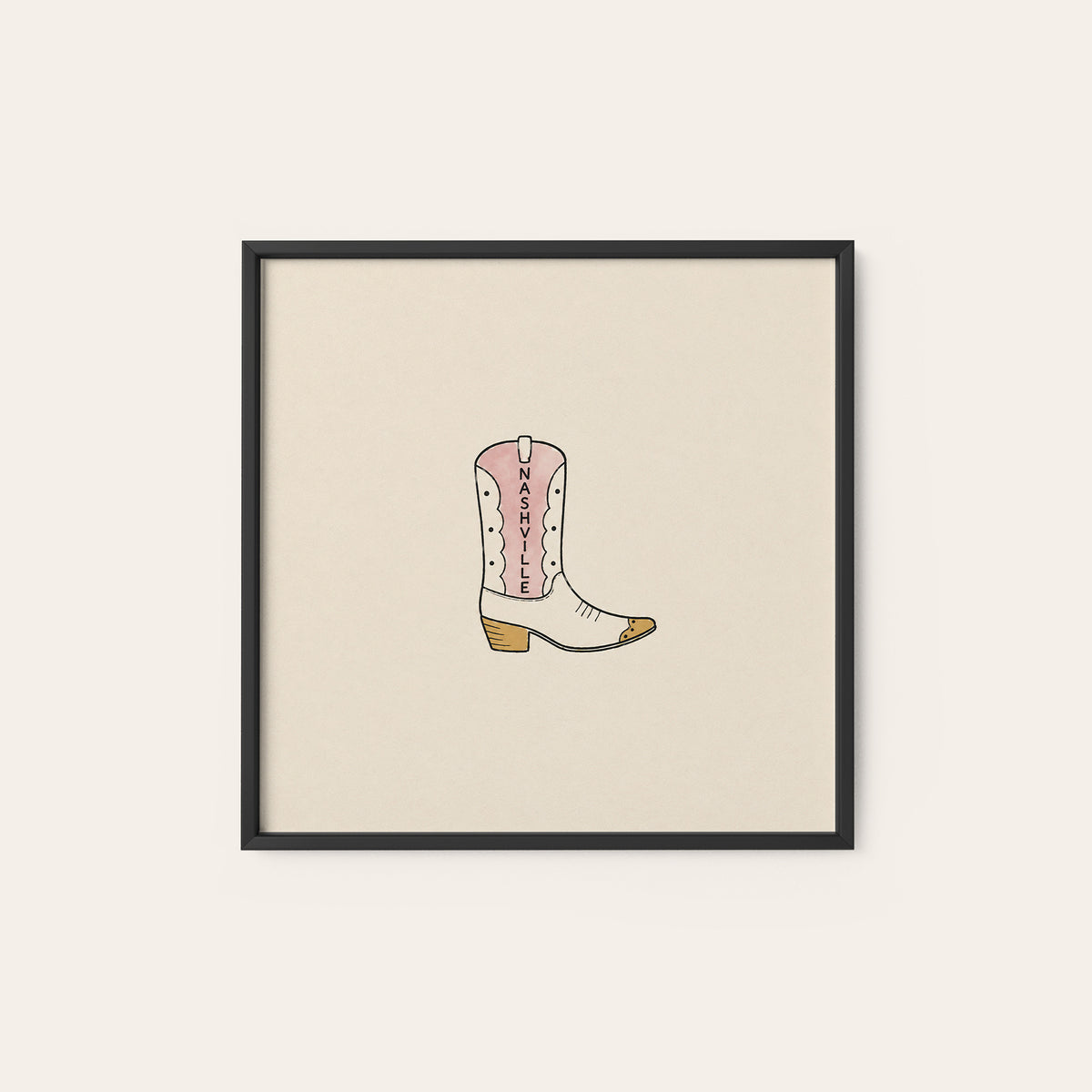 Nashville Cowboy Boot square art print — black frame
