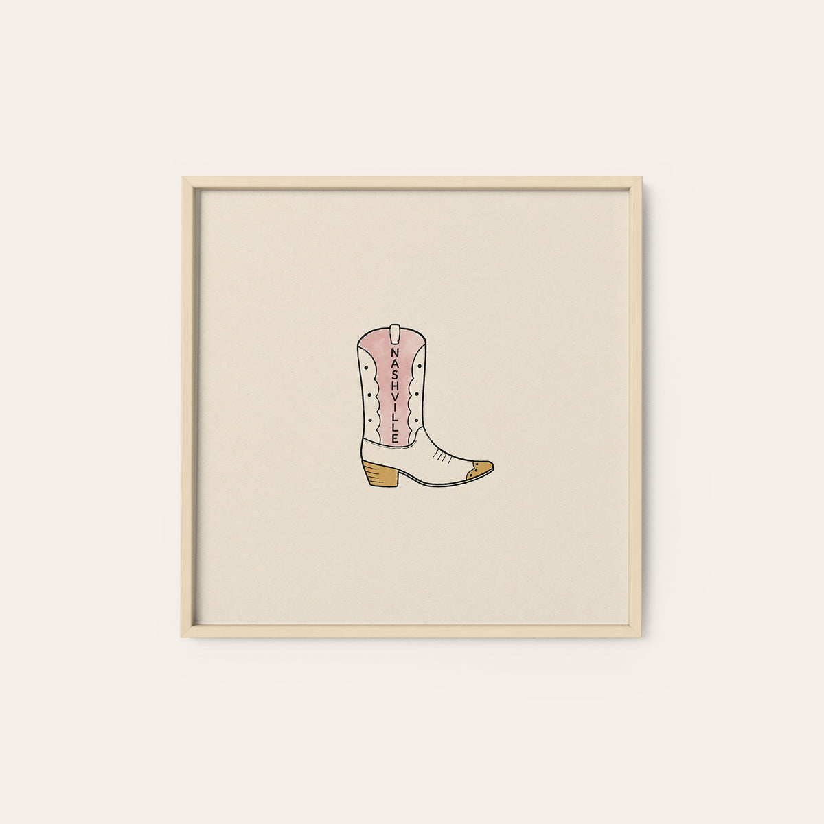 Nashville Cowboy Boot square art print — natural wood frame