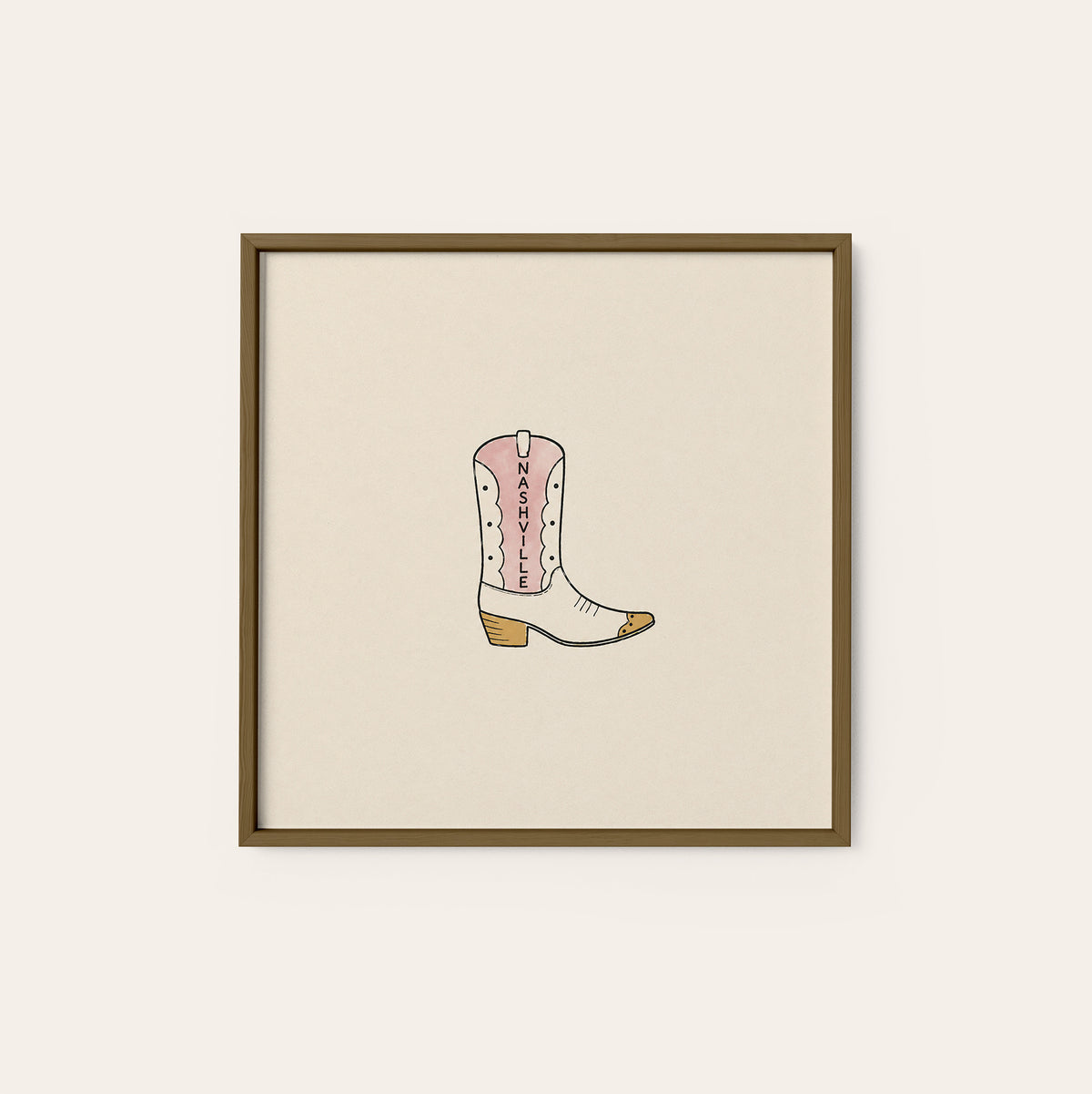 Nashville Cowboy Boot square art print — dark wood frame