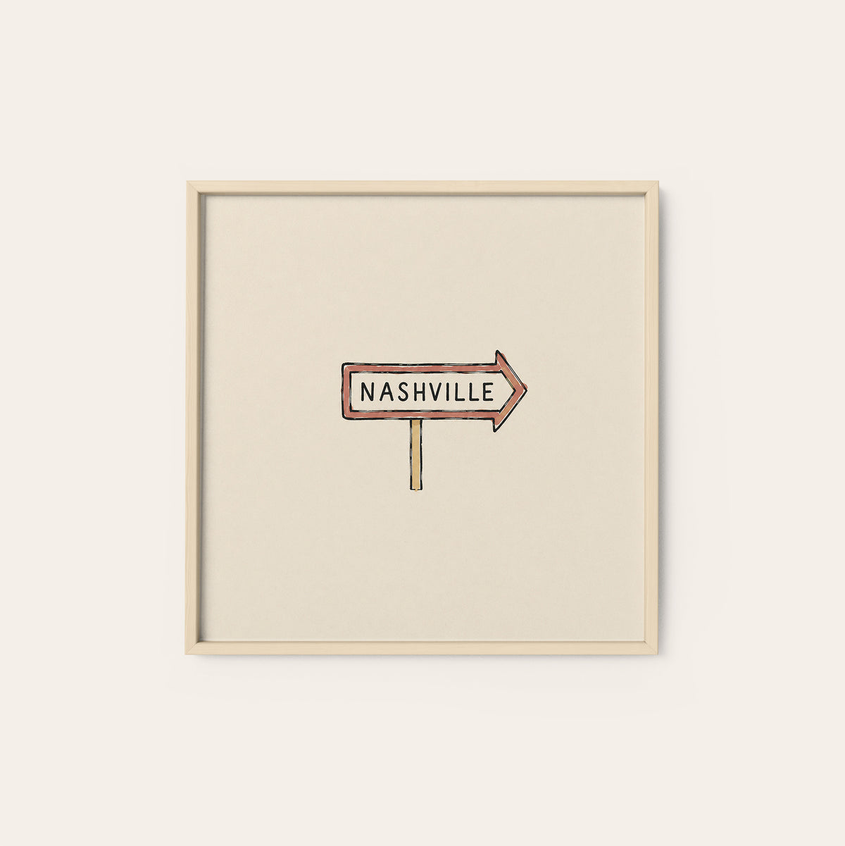 Nashville Arrow Sign square art print — natural wood frame