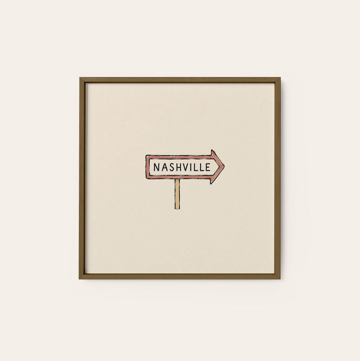Nashville Arrow Sign square art print — dark wood frame