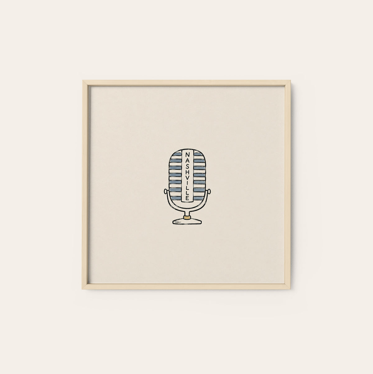 Nashville Vintage Microphone square art print — natural wood frame