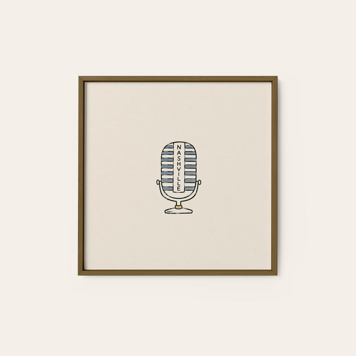 Nashville Vintage Microphone square art print — dark wood frame