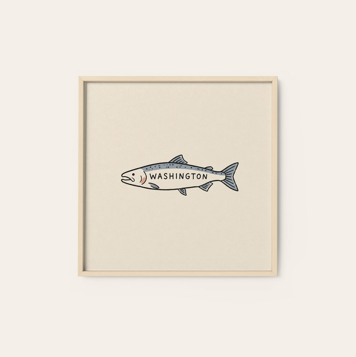 Washington Salmon square art print — natural wood frame