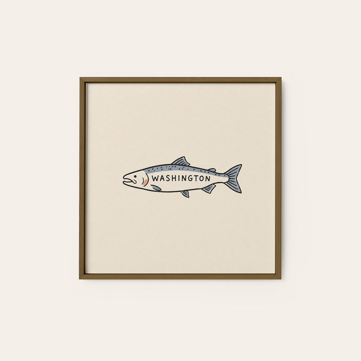 Washington Salmon square art print — dark wood frame