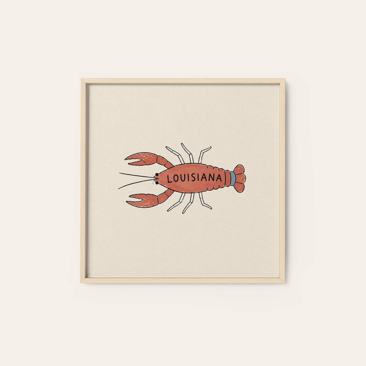 Louisiana Crawfish square art print — natural wood frame