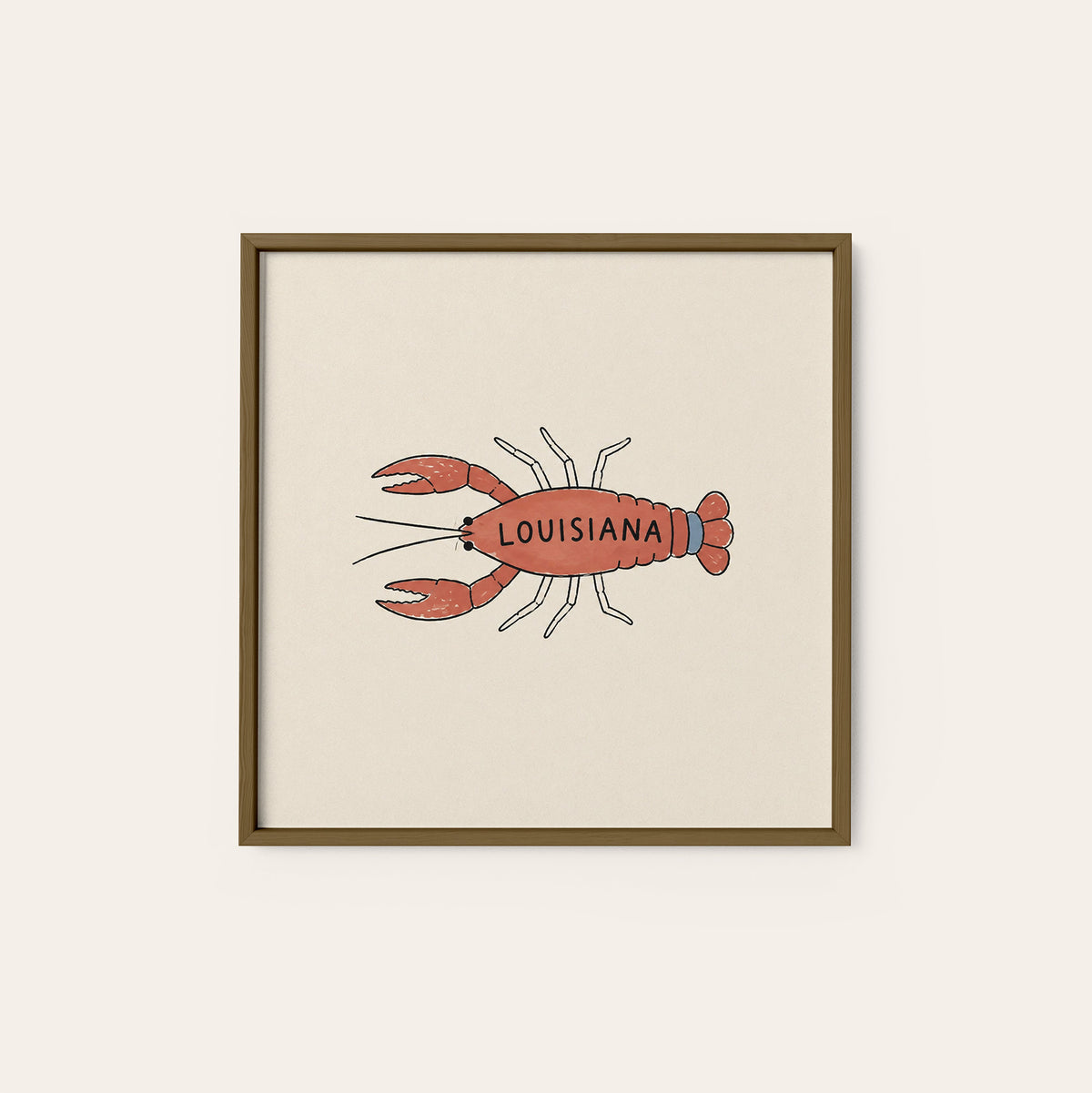 Louisiana Crawfish square art print — dark wood frame
