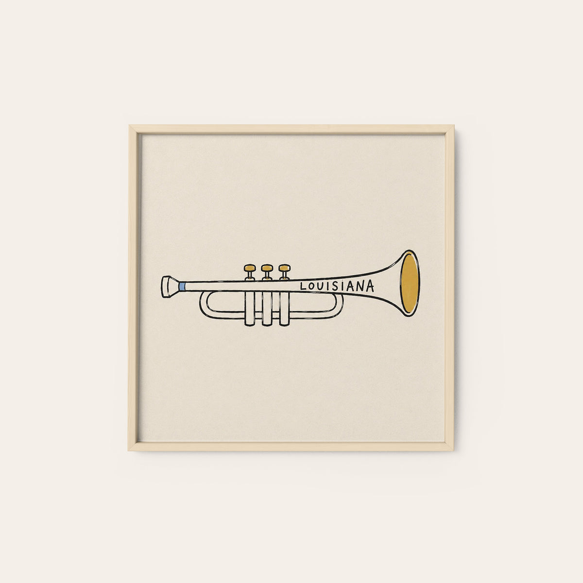 Louisiana Trumpet square art print — natural wood frame