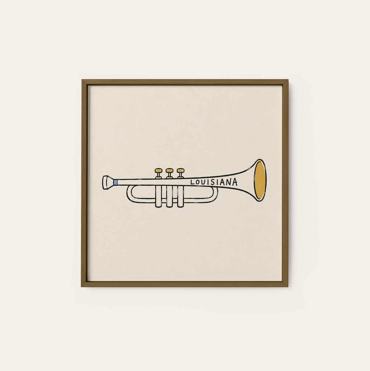 Louisiana Trumpet square art print — dark wood frame