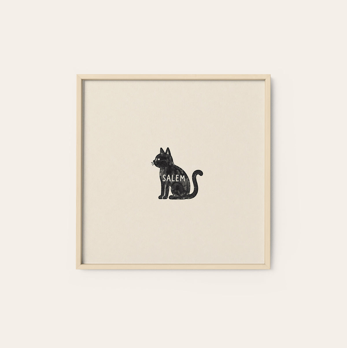 Salem Black Cat square art print — natural wood frame