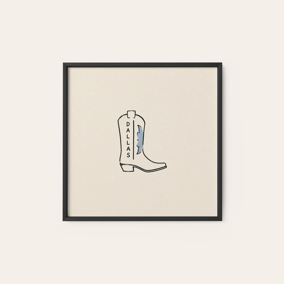 Dallas Lightning Cowboy Boot square art print — black frame