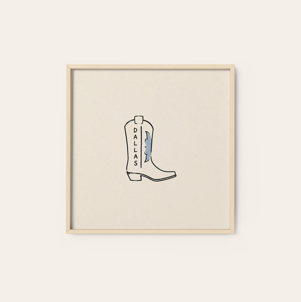 Dallas Lightning Cowboy Boot square art print — natural wood frame