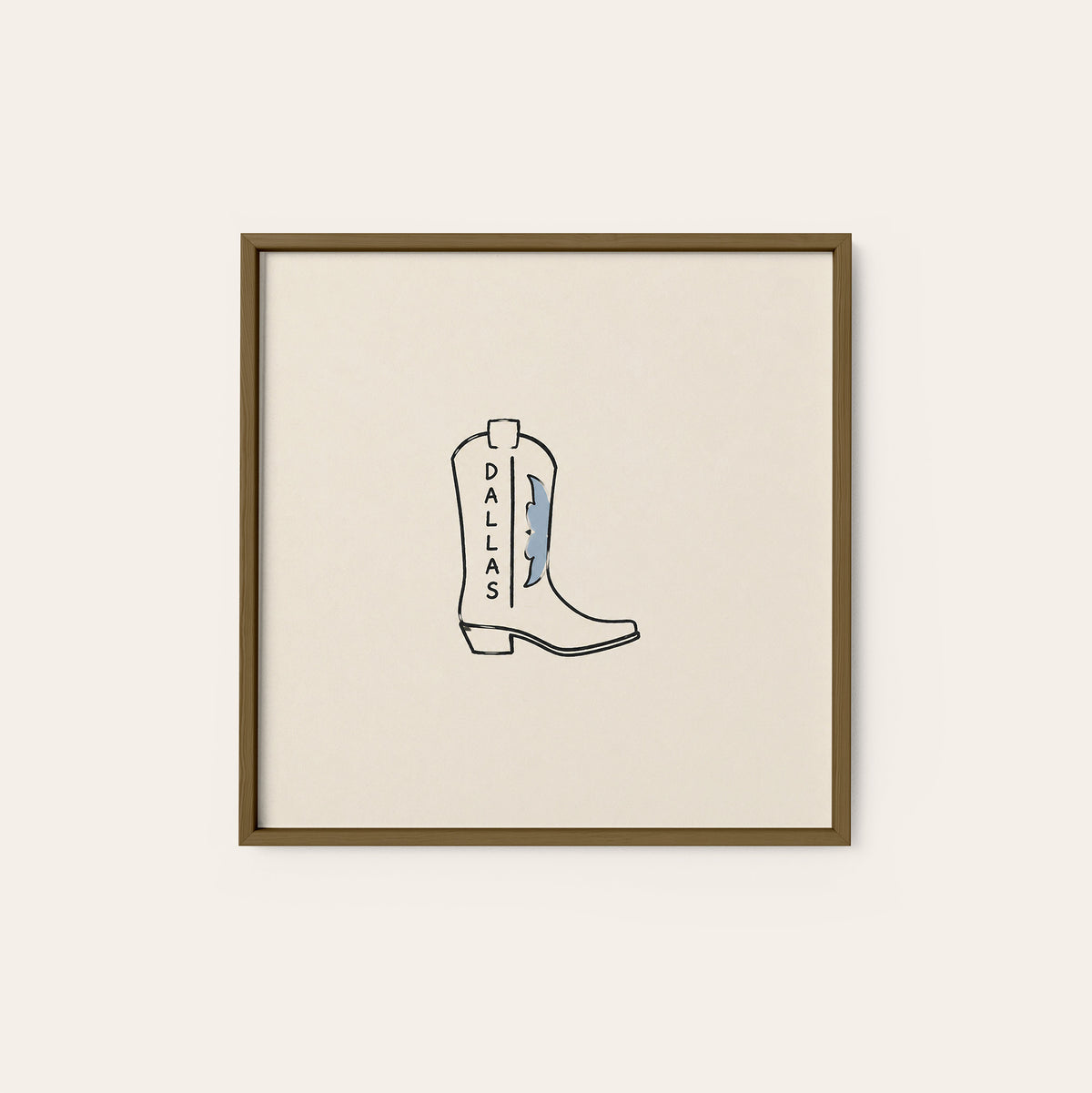 Dallas Lightning Cowboy Boot square art print — dark wood frame