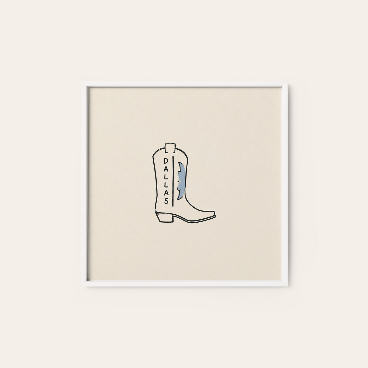 Dallas Lightning Cowboy Boot square art print — white frame