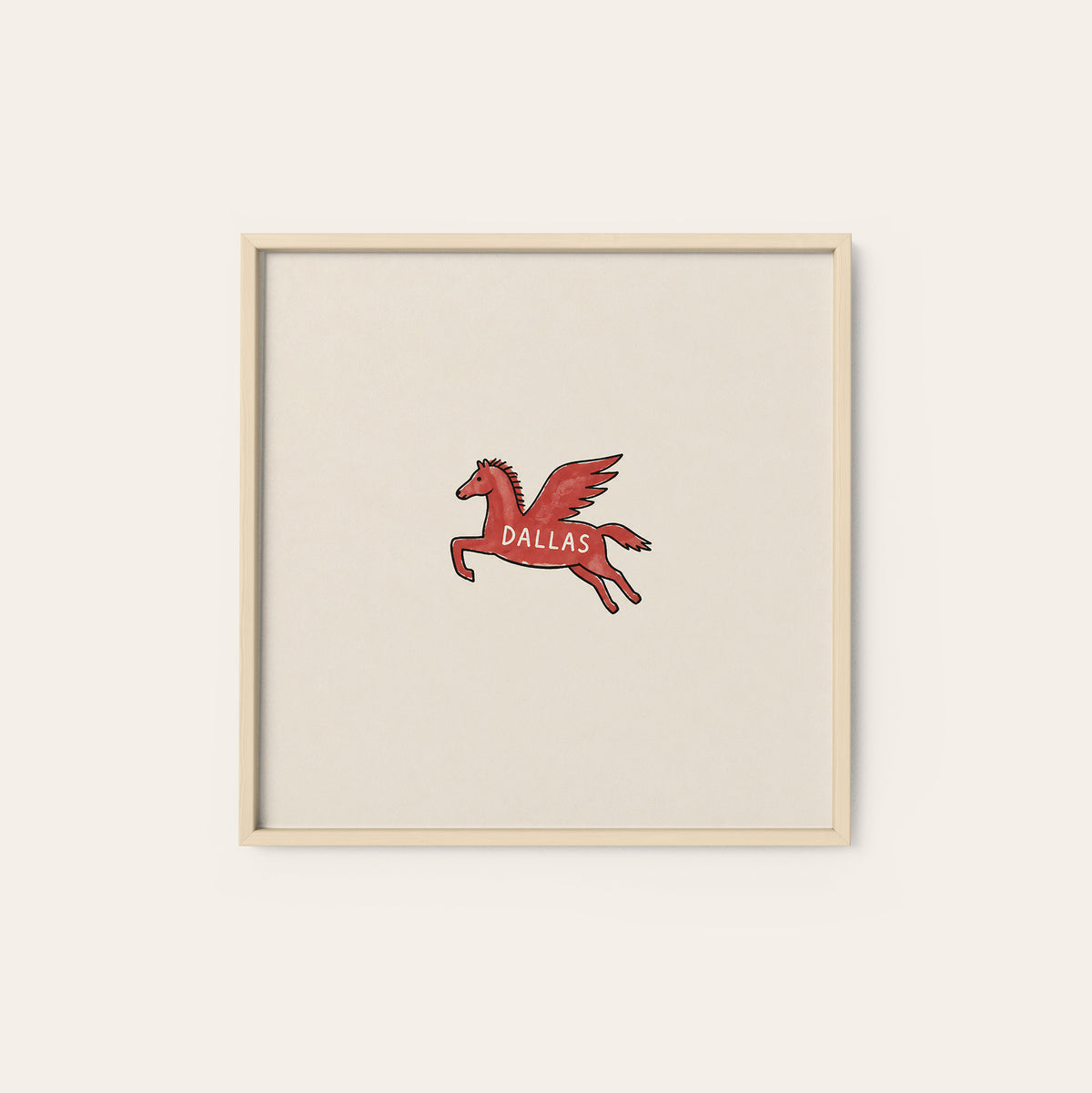 Dallas Red Pegasus square art print — natural wood frame