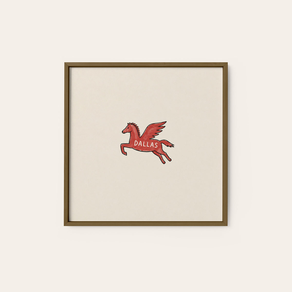 Dallas Red Pegasus square art print — dark wood frame