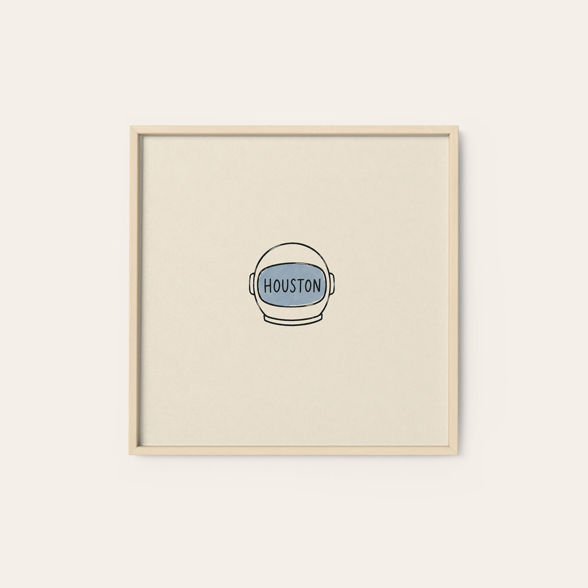 Houston Astronaut Helmet square art print — natural wood frame