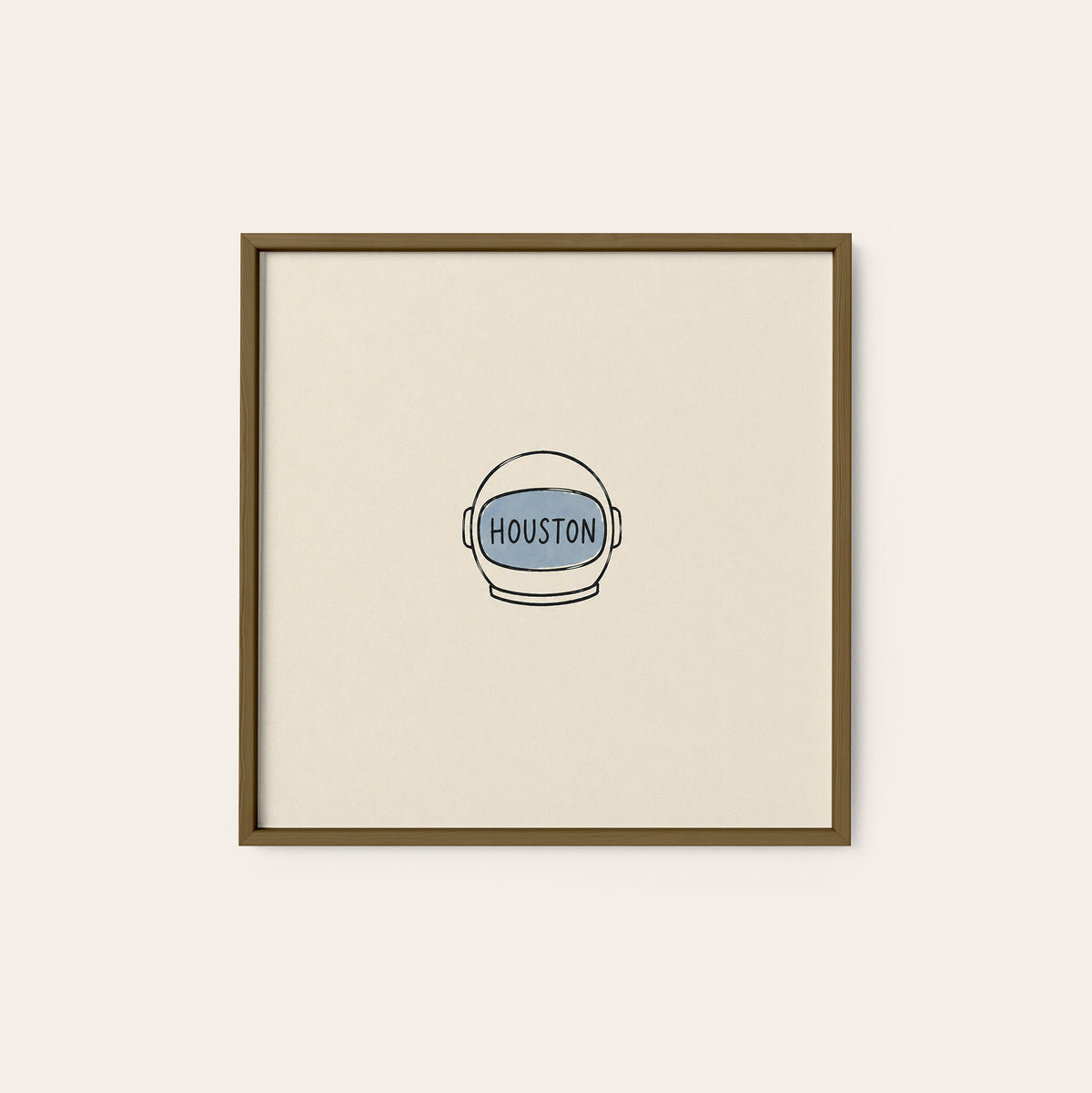 Houston Astronaut Helmet square art print — dark wood frame