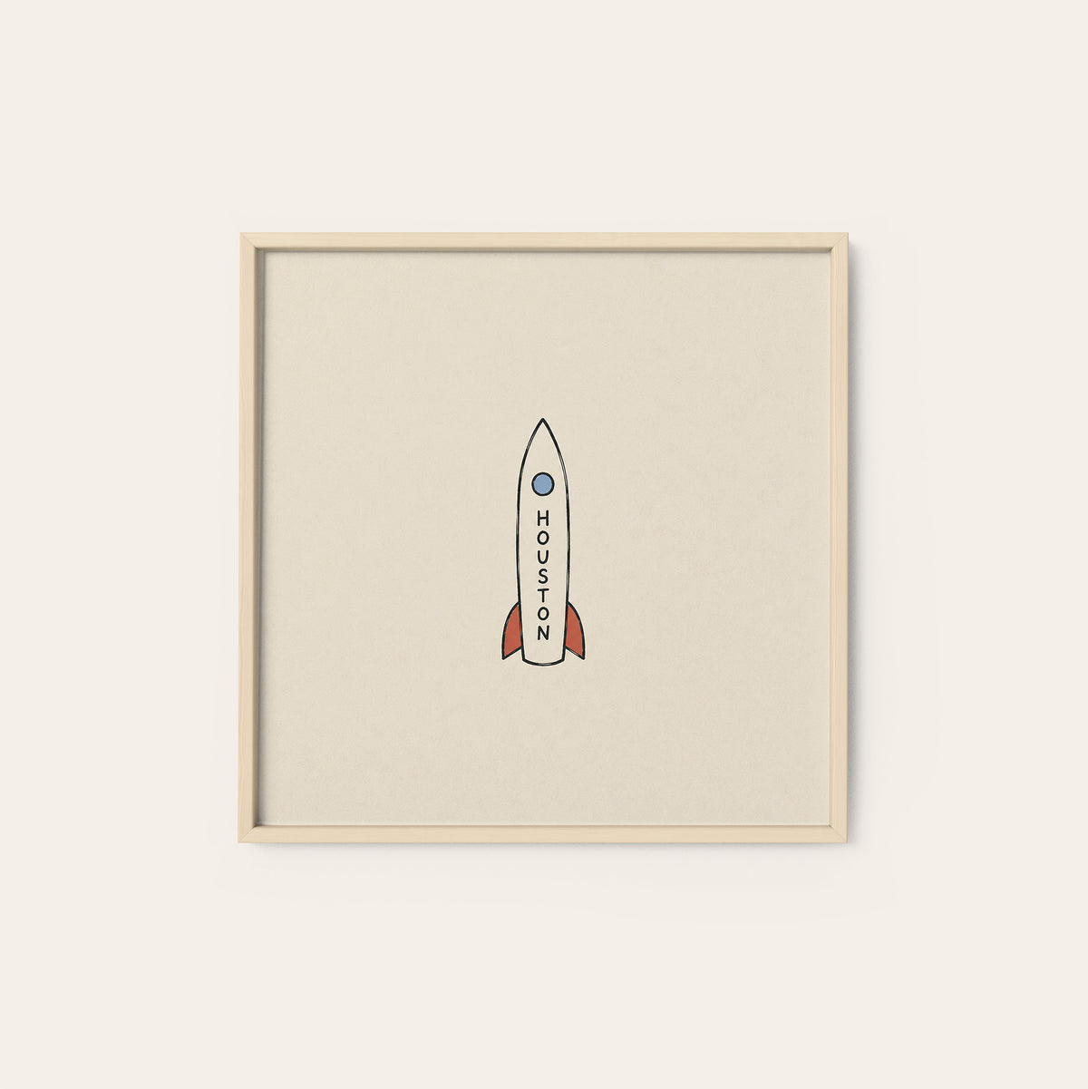 Houston Rocket square art print — natural wood frame