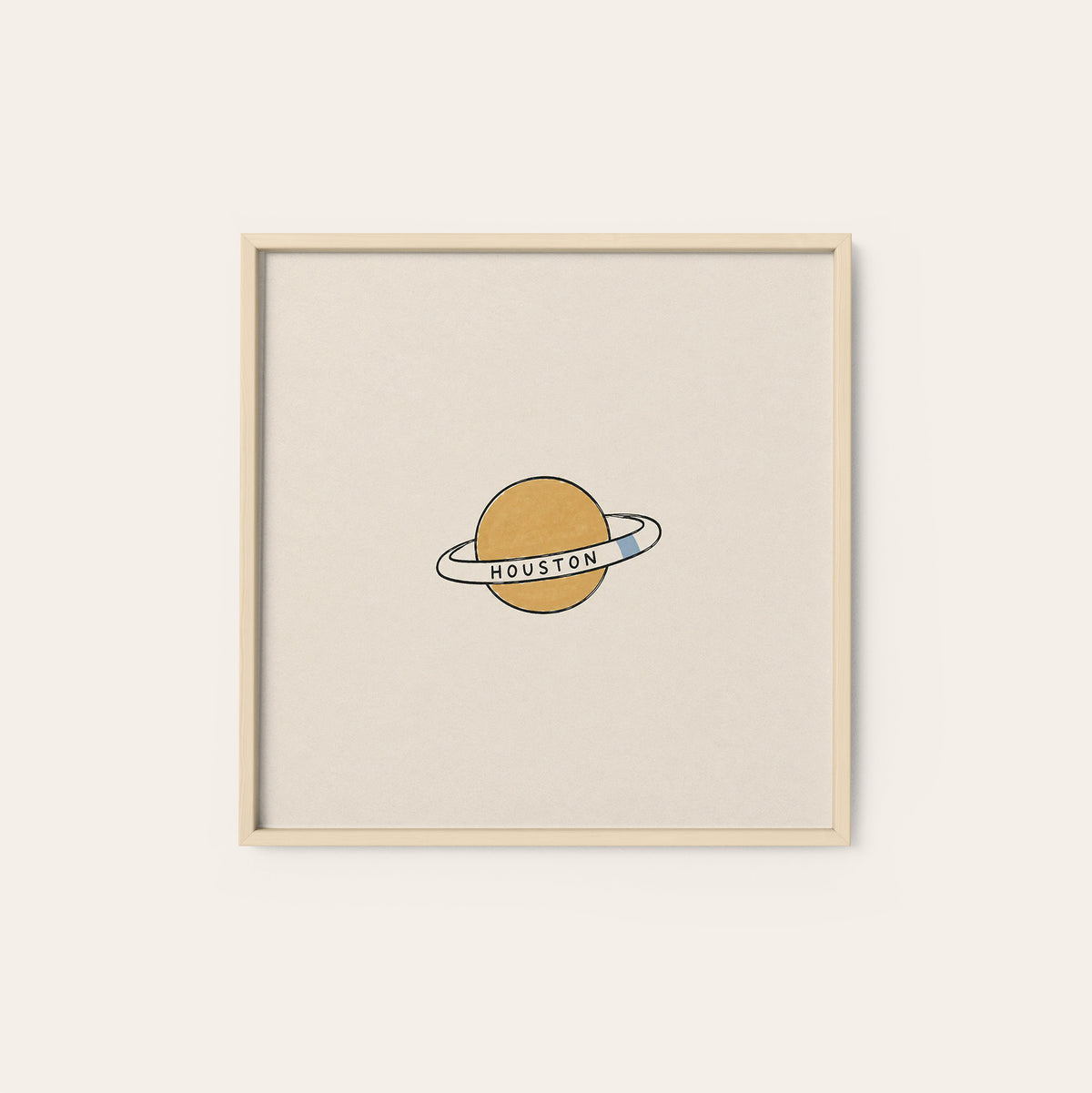 Houston Ringed Planet square art print — natural wood frame