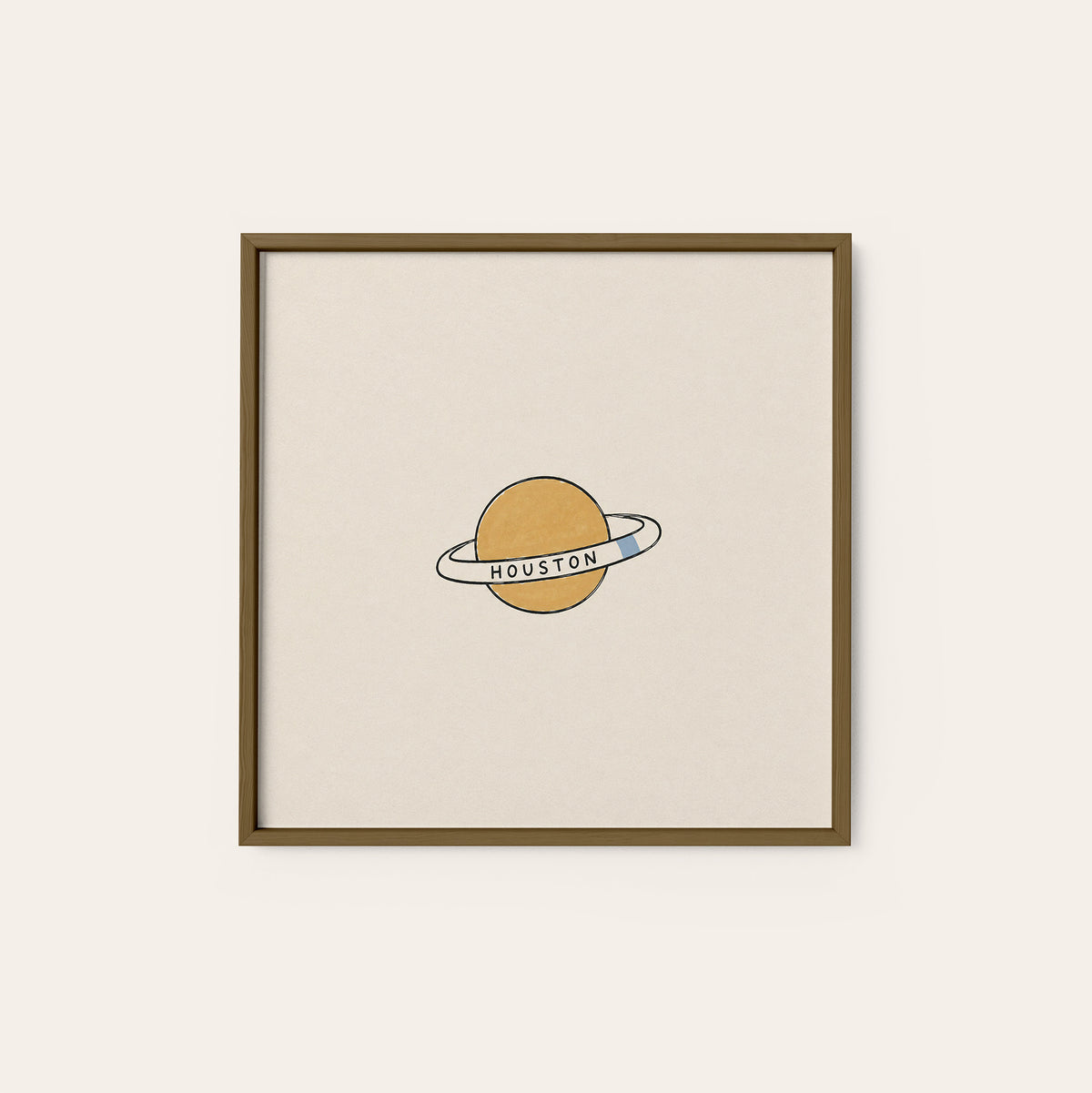 Houston Ringed Planet square art print — dark wood frame
